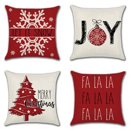JOTOM Red Christmas Cushion Covers 45x45cm Set of 4 Christmas Decor Pillow Covers Xmas Tree Let It Snow Merry Christmas FA La La Winter Pillowcase Farmhouse Cushion Case for Couch Sofa Bed Decor (Red)