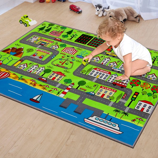 Myting Kids Rug, Car Childrens Rug Learning Educational Classroom Rugs for Children Nursery Rug, Soft Durable Car Mat for Baby Toddler, 80x120cm Green Area Rug
