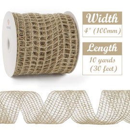 HUIHUANG Burlap Wired Ribbon 4 inch Burlap Ribbon for Christmas Tree Jute Mesh Wire Ribbon for Fall Wreaths, X-mas Tree, Garland, Crafts, Gift Wrapping, Home Decor- 10 Yards