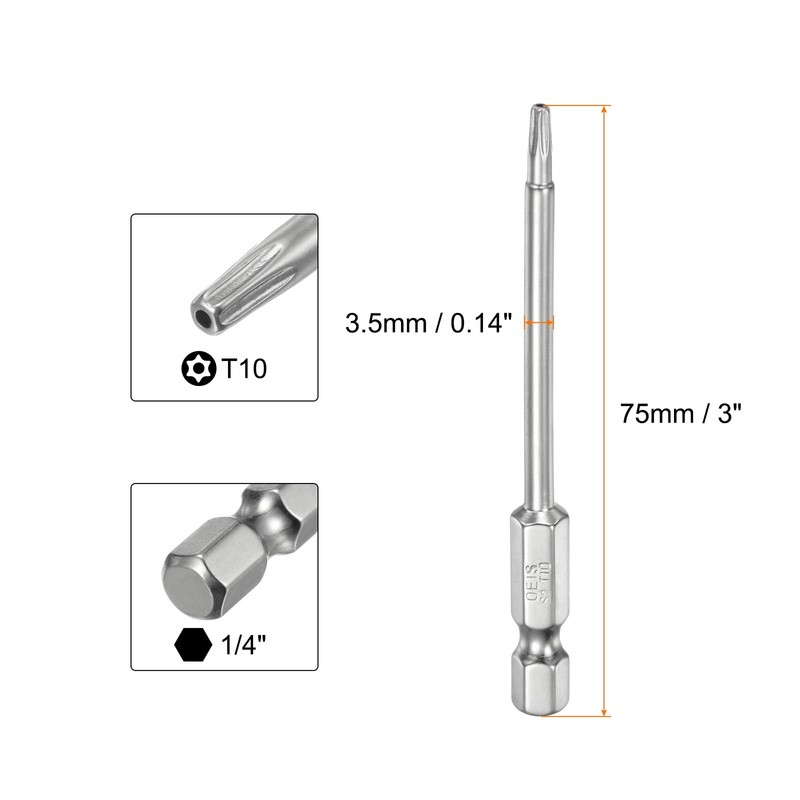 sourcing map T10 Security Torx Bit 1/4" Hex Shank 3"