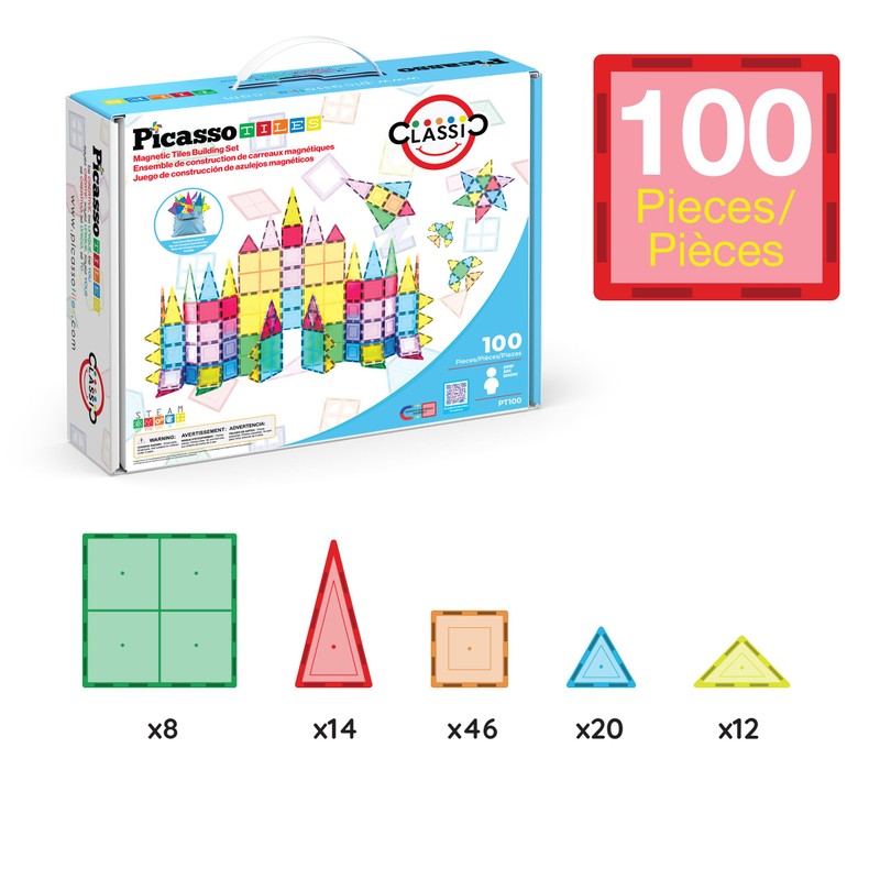 PicassoTiles 100 Piece Set 100pcs Magnet Building Tiles Clear Magnetic