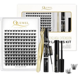 QUEWEL DIY Eyelash Extensions Kit, 144 Pcs Lash Clusters, Eyelash Clusters Tweezer, Cluster Lashes Bond and Seal, Clusters Lash Glue Remover Easy to Apply DIY Lash Extensions at Home(XJ-QU-RR-DH-01)