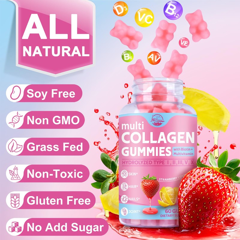 Nature's live Multi Collagen Peptides Gummies, Type I, II, III,