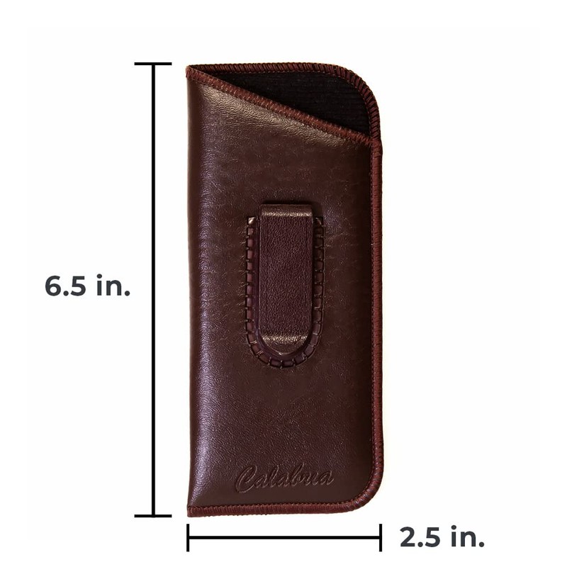 Calabria Slip-In Eye Glasses Case w/Plastic Pocket Clip Faux Leather
