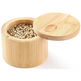 VRUIFA Bamboo Salt Container, Salt Cellar with Magnetic Swivel Lid and Spoon, For Storage Pepper, Spice and Sugar, 6 oz