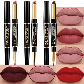 BINGBRUSH 2 IN 1 Lip Liner & Lipstick Makeup Set, Dark Red Matte Metallic Lipliner Set for Black Mature Women Waterproof Long Lasting Gift Set (3Pcs Set05-Matte:13#14#15#, 3Pcs)