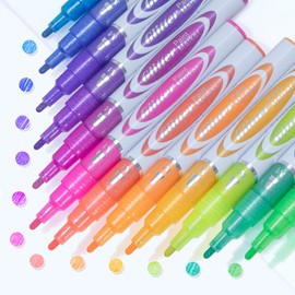 BONACE 12Pcs Glitter Paint Markers,1.6mm Fine Point Tip Glitter paint pens, Quick Dry,Kids Adults DIY Crafts Making, Greeting Birthday Cards Present,Back to School Supplies （Sliver Glitter）