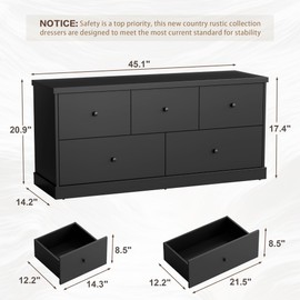 JUMMICO Dresser for Bedroom, Wide Chest of Drawers with 5 Wood Dresser Drawers, TV Stand, Modern Design for Bedroom, Living Room, Hallway, and Entryway (Black)