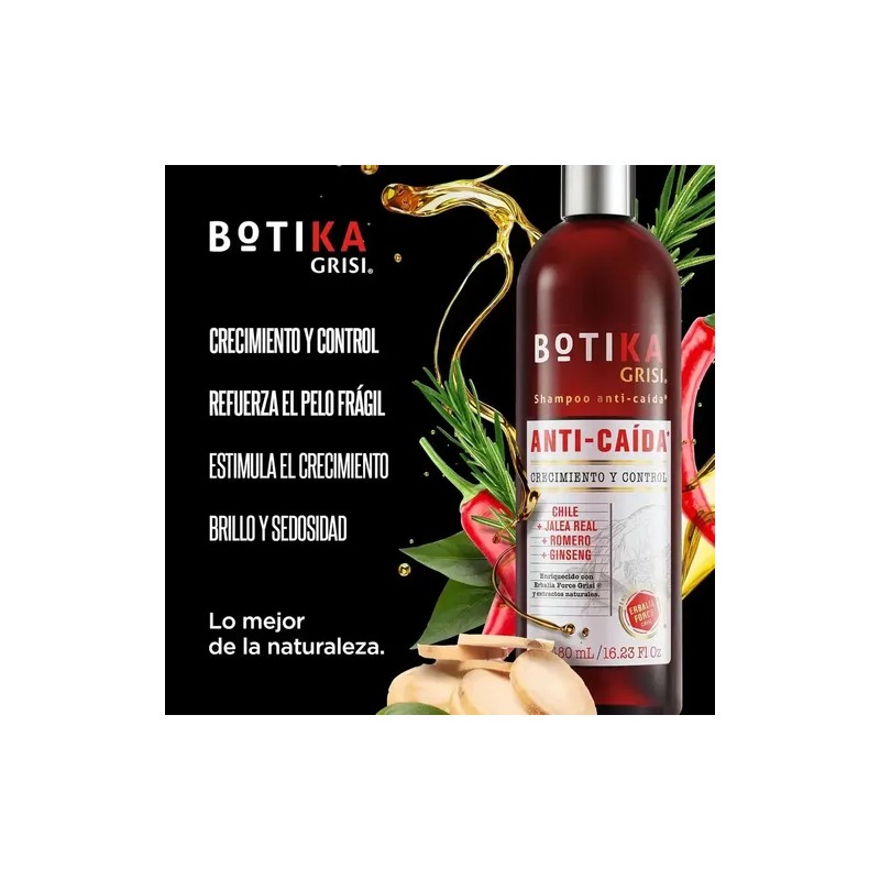 Botika Grisi Shampoo anticaída con Chile, Jalea Real, Romero y