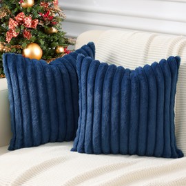 Pallene Faux Fur Plush Throw Pillow Covers 18x18 Set of 2 - Luxury Soft Fluffy Striped Decorative Pillow Covers for Sofa, Couch, Living Room - Navy Blue