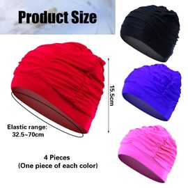 Pack of 4 Pleated Swimming Caps, Hearing Protection Swimming Caps, Turban Swimming Caps, Simple Plain Swimming Caps, Stretchy Elastic Swimming Caps, Suitable for Swimming and Showering