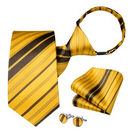 HISDERN Mens Yellow Tie Pre-tied Necktie for Men Gold Adjustable Ties Woven Striped Neckties Handkerchief Sets Formal