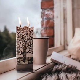 Flatyz Hand Painted Flat Candle - Gustav Klimt Tree of Life Artwork | Unscented, Dripless, Smokeless, Decorative | Unique Gift Idea and Home Décor Accent