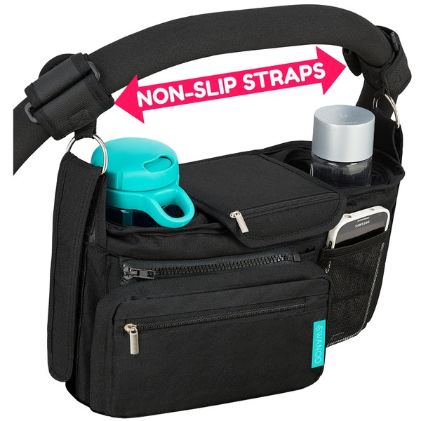 Stroller Organizer Non Slip Straps Stroller Caddy With Insulated Cup Holder, Stroller Bag for Phone, Pet Stroller Accessories, Universal Fits Uppababby Vista v2 Wonderfold Wagon, Doona and More