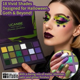 UCANBE Paleta De Sombras 18 Tonos Verde Morado, Maquillaje Gótico Mate Shimmer Glitter, Alta Pigmentación Para Halloween Cosplay