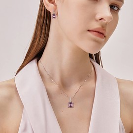 EleQueen 925 Sterling Silver Cubic Zirconia Pink Solitaire Square Pendant Necklace and Hoop Huggie Earrings Jewelry Set for Bride Bridesmaids, Valentine's Day/Mother's Day/Christmas Jewerly Gift for Wife/Mom