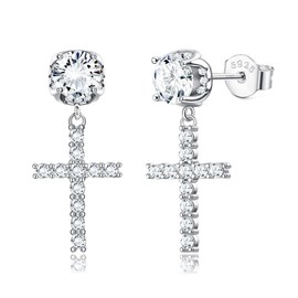 KRFY Cross Earrings Sterling Silver Cubic Zirconia Hypoallergenic Earrings 18K White Gold Plated Dangle Earrings Hip Hop Jewelry Iced Out Cross Dangle Earrings for Women Men