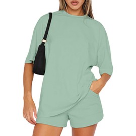 Yutdeng Women's 2 Pieces Outfit Summer Tracksuit Cotton Short Sleeve Shorts Sets Crew Neck Solid Color Tops Shorts with Pockets Lounge Wear Sets Streetwear co ord Sets,Green,L