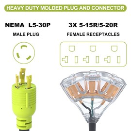 AOWEITOUR RV 30 Amp to 110 Adapter Generator Power Cord, 4 Prong 30 Amp Splitter to 20 Amp Adapter Generator Cord, NEMA L14-30P Male Plug to 4X 5-20R T-Blade Female, 10 AWG STW,ETL Listed (1.5FT)