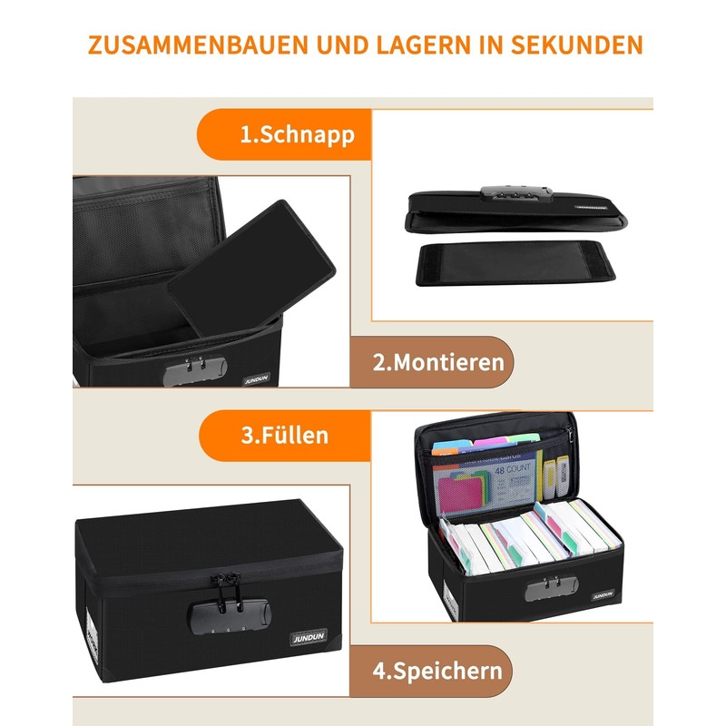 JUNDUN Index Card Box with Lock, Foldable Fireproof Index Card