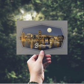 Baltimore, Maryland, Skyline at Night, (4x6 Birch Wood Postcards, 2-Pack Stationary, Rustic Home Wall Decor)