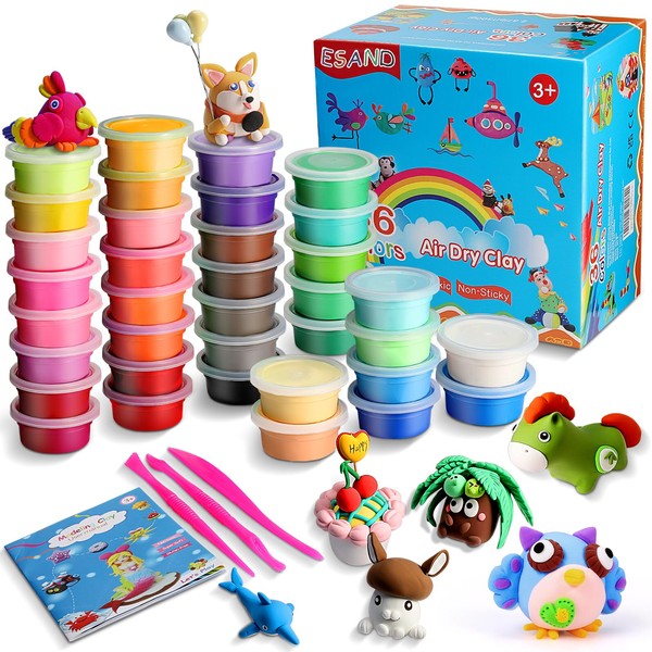 ESAND Air Dry Clay - 36 Colors Modeling Clay Best Gift for Kids, Ultra Light Magic Modeling Clay with Modeling Tools and Project, No-Sticky and Non-Toxic