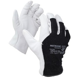 Goatskin Leather Work Gloves, Size 9, Black/White, CE CAT II Certified