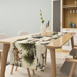 Rustic Woodland Table Runner, Wild Animal Bear Deer Fox Wolf Country Lodge Cabin Dinner Table Decoration for Home Kitchen Dining Dining Table Decoration 13"x36"