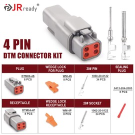 JRready ST6329-401 Deutsch DTM Connector 4 Pin 8 Sets Waterproof Deutsch DTM Connector with 20# Stamped Contacts 16-22 AWG Terminals Pins Seal Plugs DTM Connector(Gray)
