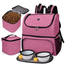 BAGLHER Pet Travel Bag, Double-Layer Pet Supplies Backpack (for All Pet Travel Supplies), Pet Travel Backpack with 2 Silicone Collapsible Bowls and 2 Food Baskets Pink