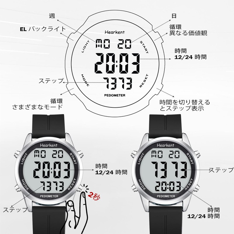 Hearkent Pedometer Waterproof Watch, Built-in Time, Steps, Mileage, EL Backlight,