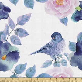 Lunarable Floral Fabric by The Yard, Watercolor Flower Petals and Bird Summer Spring Themed Art, Decorative Fabric for Upholstery and Home Accents, 10 Yards, Blue Petrol