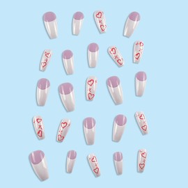 Press on Nails Medium Coffin False Nails Red Love Line Artificial Glue on Nails Full Cover White French Tip Stick on Nails with Designs Valentines Day Fake Nails Nail Decorations for Women Girls
