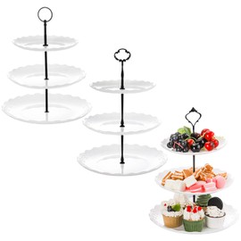 Tosnail 3 Pack 3 Tiers White Plastic Cupcake Stand, Dessert Stand Tiered Serving Trays, Fruit Pastry Holders Catering Trays for Wedding, Party, Gathering - Round with Black Rod