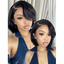 UNICE 10 inch Short Layered Bob Drawstring Wig Human Hair with Side Swept Bangs Bye Bye Knots 7x5 Lace closure Glueless Wigs Human Hair Pre Plucked Pre Cut Read to Wear