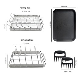 Foldable Rib Rack for Smoking, Stainless Steel 10 in Rib Rack with 2 Meat Shredder Claws, and Black PP Tray, Perfect for Grilling, Smoking, and Serving, BBQ Accessories