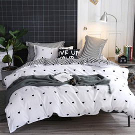 Omelas Kids Heart Love Queen Duvet Cover Set Black and White Teens Girls Lovely Heart-Shaped Pattern Striped Reversible Full/Queen Bedding Soft Breathable Quality Brushed Microfiber (3 Pcs,XD,Q)