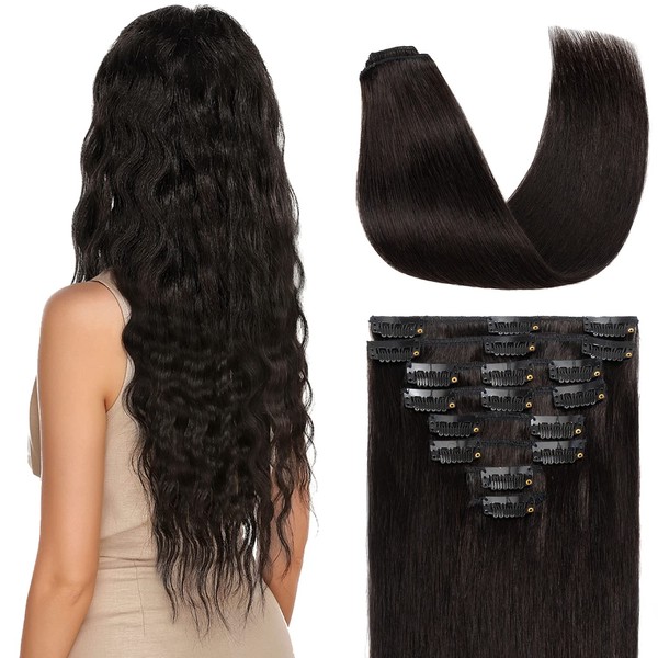S-noilite Clip in Hair Extensions Real Human Hair 22 Inch Natural Black Hair Extensions Remy Human Hair Clip In For Women Natural Straight Clip on Extension 8PCS 75g #1B