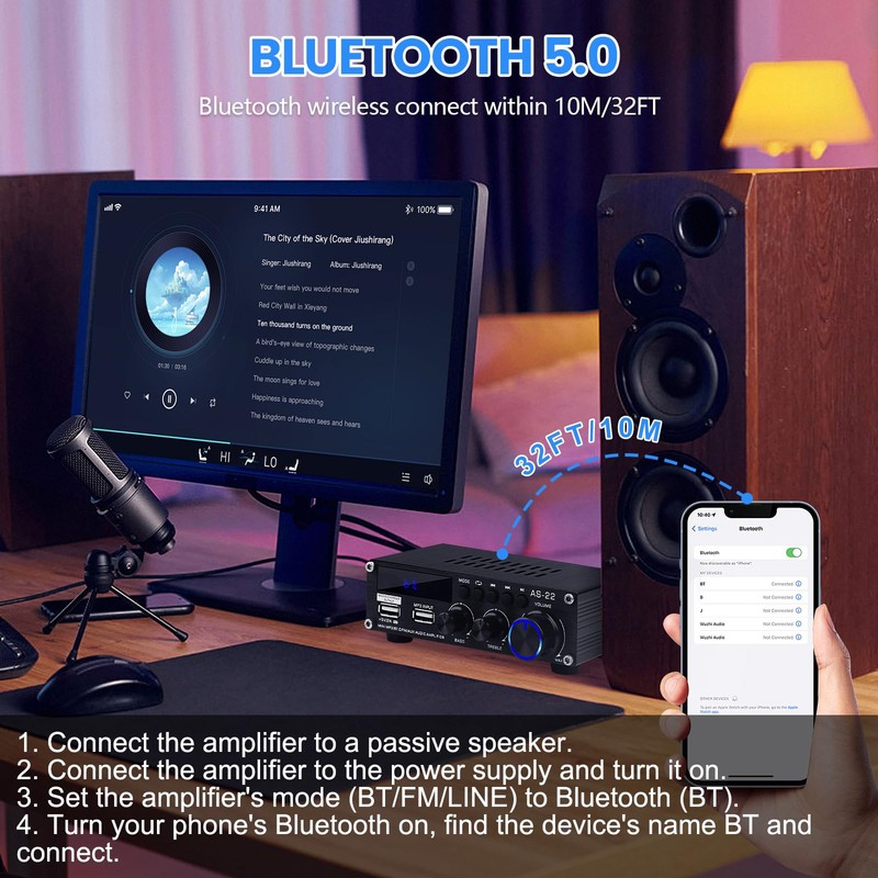 Bluetooth HiFi Amplifier AS-22 2.0 Channel Mini Stereo Audio Amplifier