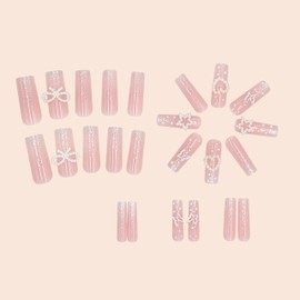 BABALAL Bling Press on Nails Long Square Fake Nails Pink Glitter Stick ons Nails Star Bow Heart Charms Design 24Pcs Thick Squoval Full Cover False Nails
