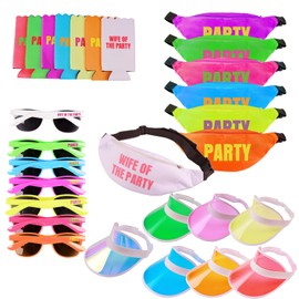 Neon Bachelorette Fanny Packs | 28 pc Set of 7 Bachelorette Party Favors & Accessories - 1 'Wife of the Party' & 6 'Party' Neon Fanny Packs with Sunglasses & Visors | 80s Retro Bachelorette Party Kit