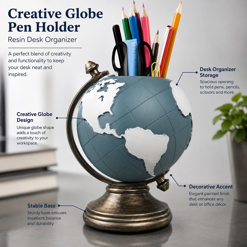 Globe Pen Holder for Desk Organization – Resin Geographic Pencil