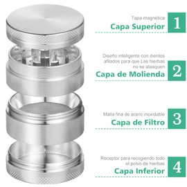 TXG Moledor de Especias Metálico, 40mm de Diametro Grinder Moledor de Especias, Molino de Cacao en Grano con Filtro, Triturador de Duradero Aleación de Zinc (Plata)