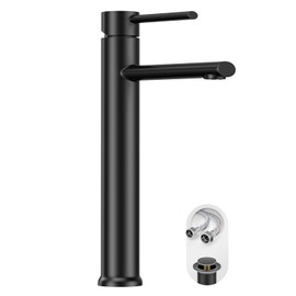 Phiestina Tall Vessel Sink Faucet Black, Bathroom Faucets Tall Single Hole Single Handle Above Counter Sink Bathroom Faucet, with Pop Up Drain and Water Supply Line, NS-SF03-V-MB