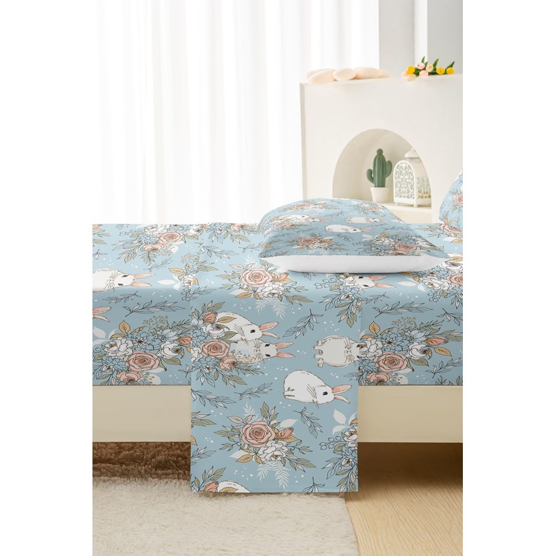 QOOMO Cute Animal Bunny Microfiber Flat Fitted Sheets Set for