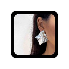 Cybche Irregular Square Earrings Silver Exaggerated Square Stud Earrings Geometric Crumpled Earrings Metal Hammered Square Earrings Large Statement Dangle Earrings Jewelry for Women