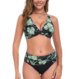 Sixyotie Women's High Waisted Bikini Set with Retro Chest Cross Swimwear Twist Pleated Bikini Bottom Swimming Costume Women 2 Piece Swimsuits (UK, Alpha, M, Regular, Regular, Greenleaf)