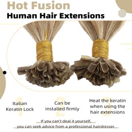 Ugeat 22inch Utip Hair Extensions for Women Highlights Pre Bonded Utip Hair Extensions Golden Brown Highlights Bleach Blonde Kerain Nail Hair Extensions Human Hair 50G 50S