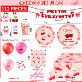 112 Pcs Cherry Party Decorations Tableware, Cherry Birthday Decorations, She's the Cherry on Top Theme Banner, Cherry Party Supplies, Fit 16 Guests for Cherry Themed Party Baby Showers Decorations