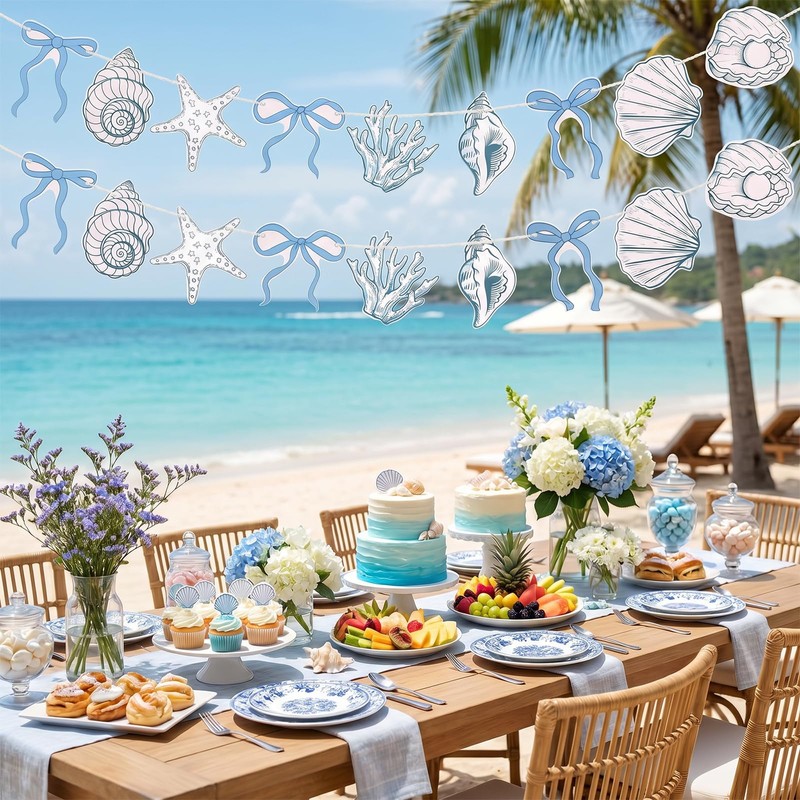 ZEYIYER 13Ft Blue Bow Starfish and Seashell Banner, Summer Coastal